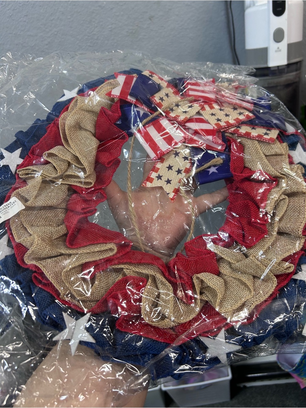 Patriotic Burlap Star Wreath - Red, Blue, Natural